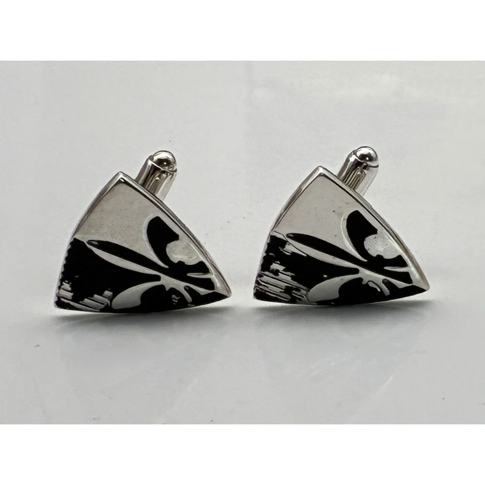 Anson Vintage Mens Silver Tone Fleur de Lis Cufflinks and Tie Clip Set Black